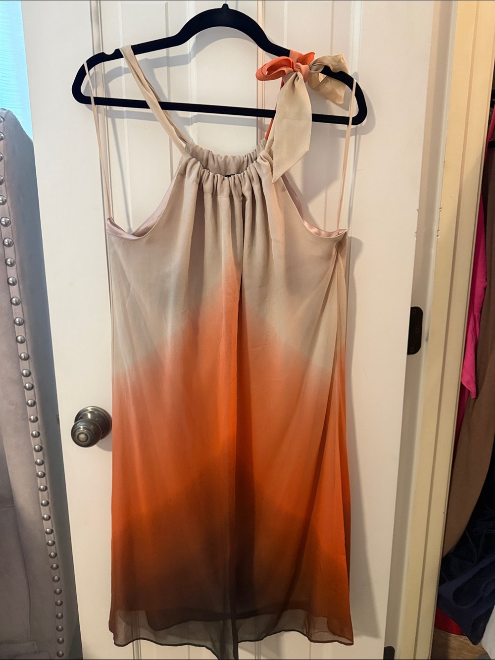 Democracy Cream to Orange Ombre Midi Dress with Tie Shoulder